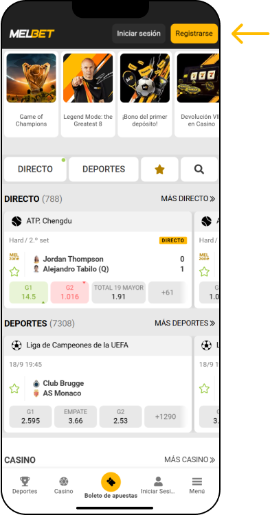 Acceder a la página oficial y pulsar el botón “Registrarse” - App Melbet Argentina
