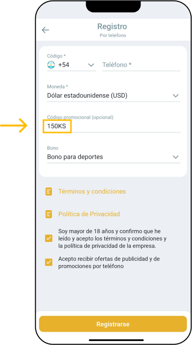 Añade el código promocional - Por teléfono - App Melbet Argentina