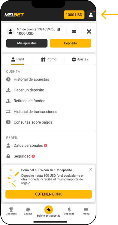 Ingresar a tu cuenta y dirígete a la sección de servicios - App Melbet Argentina