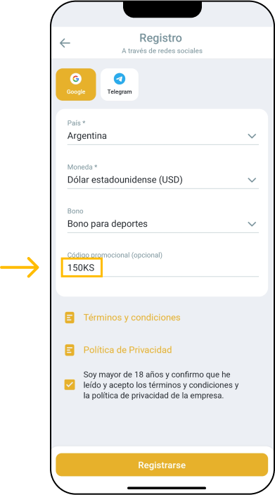 Introduce el código promocional - A través de redes sociales y mensajería - App Melbet Argentina