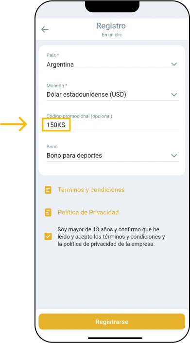 Introduce el código promocional - En un clic (Express) - App Melbet Argentina
