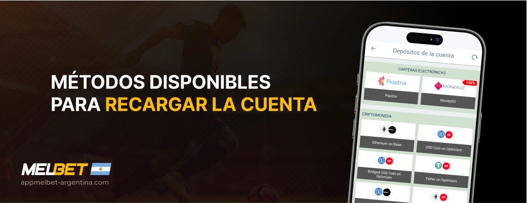 Métodos disponibles para recargar la cuenta - App Melbet Argentina